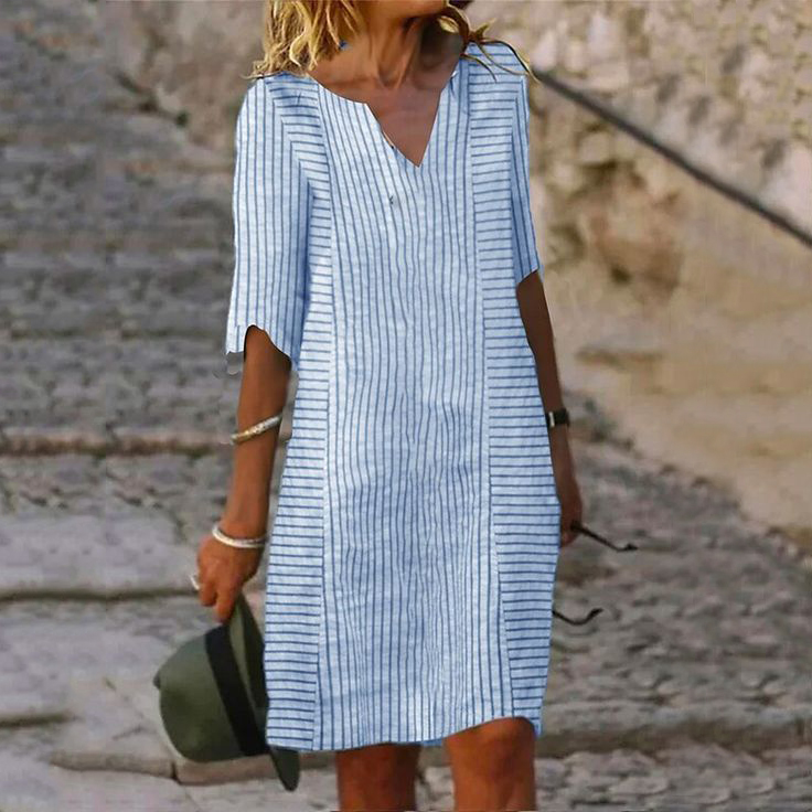 Striped Printed V-Neck Linen Blend Casual Midi Dress