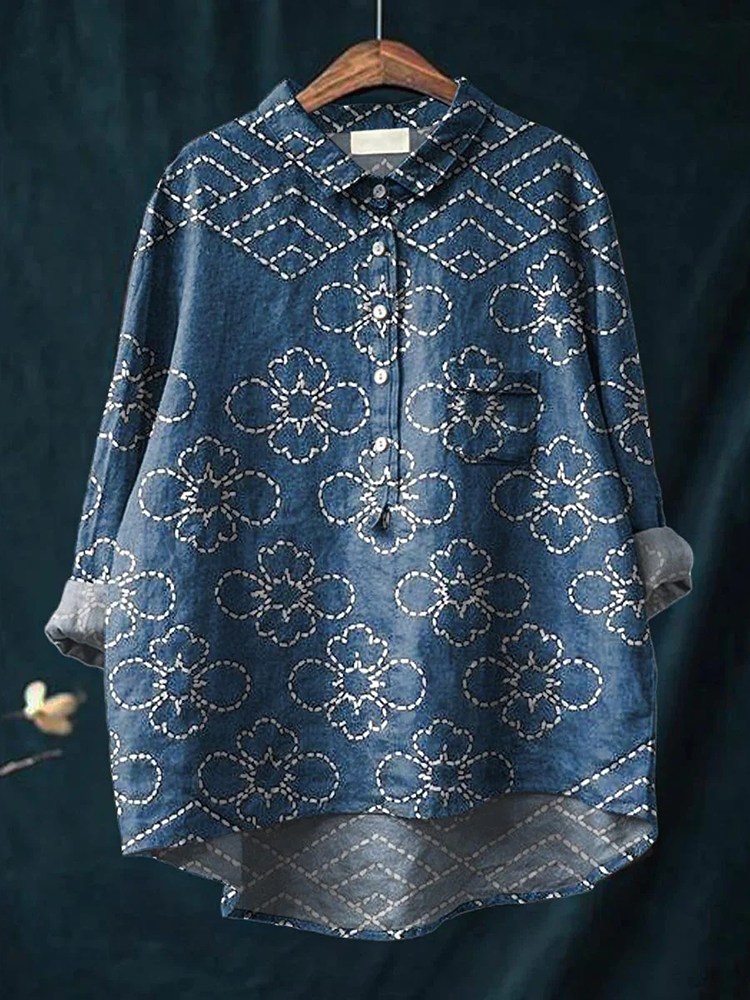 Vintage Ethnic Floral Art Print Casual V-Neck Shirt