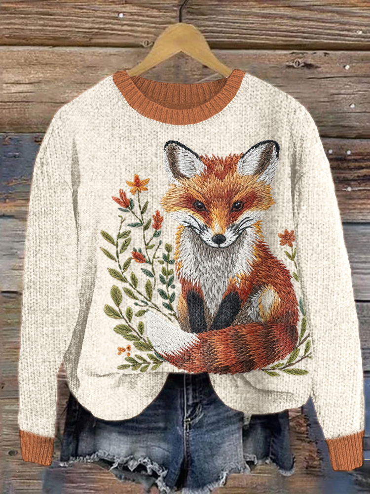 Fox Embroidery Pattern Cozy Knit Sweater