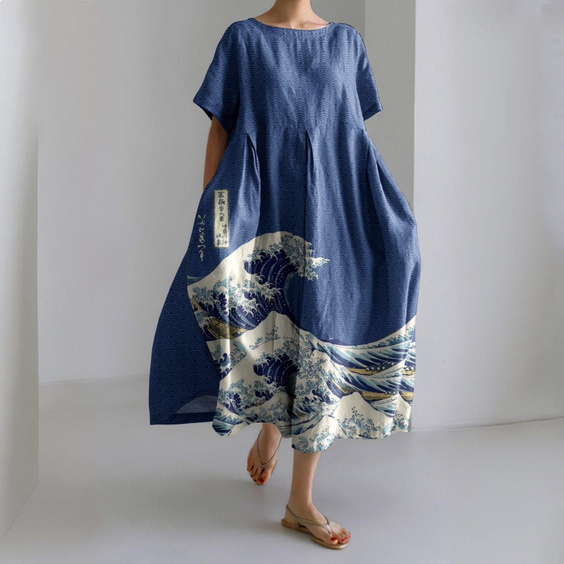 Japanese Art Sea Wave Linen Blend Maxi Dress