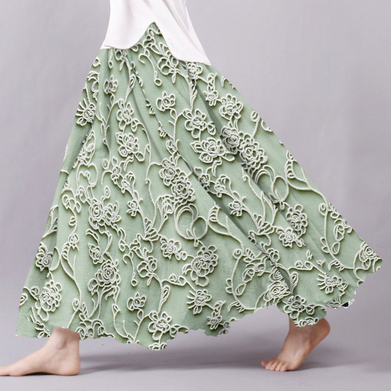Women's Vintage Lace Floral Print Art Linen Blend Flowy Skirt