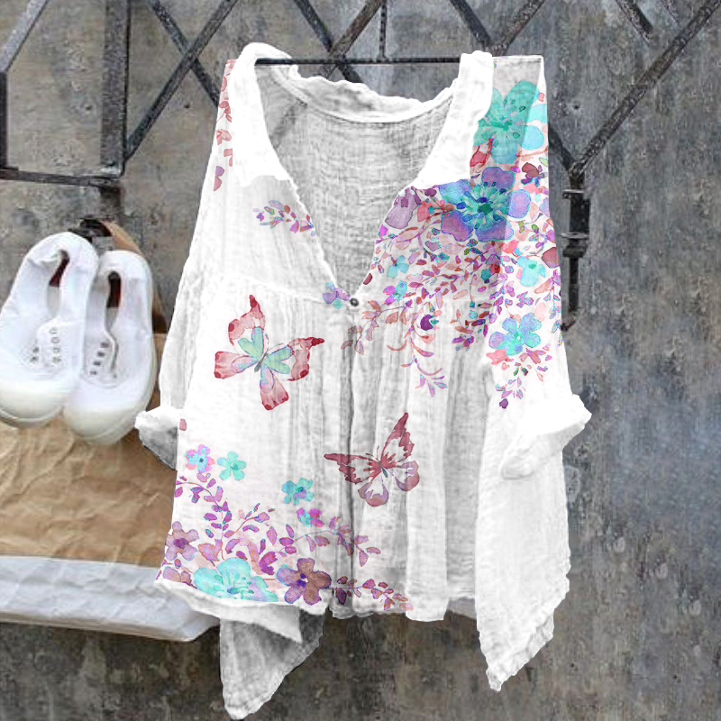 Butterfly Retro Cotton Linen Casual Floral Print Cotton Linen  Shirt