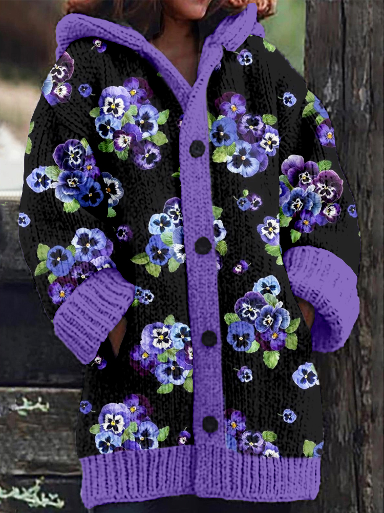 Pansy Paradise Pattern Cozy Hooded Cardigan