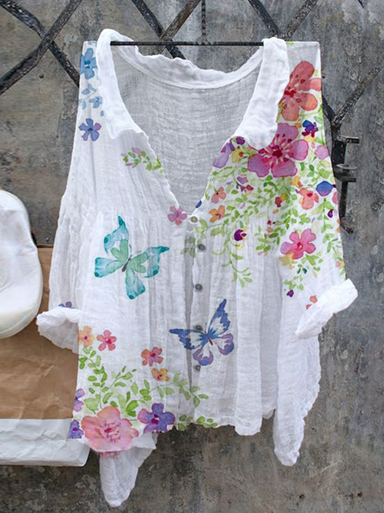 Butterfly Retro Cotton Linen Casual Floral Print Cotton Linen  Shirt