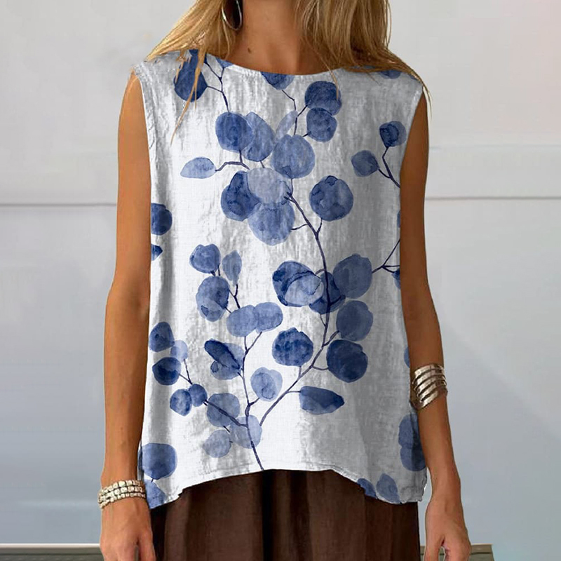 Women's Retro Botanical Floral Print Casual Cotton Linen Tank Top