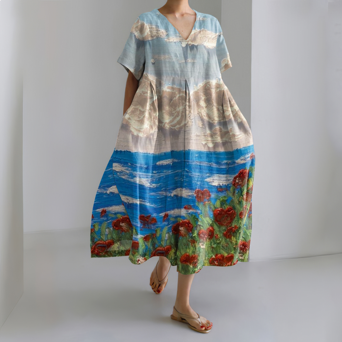 Spring And Summer Rose Print Women'S Dress