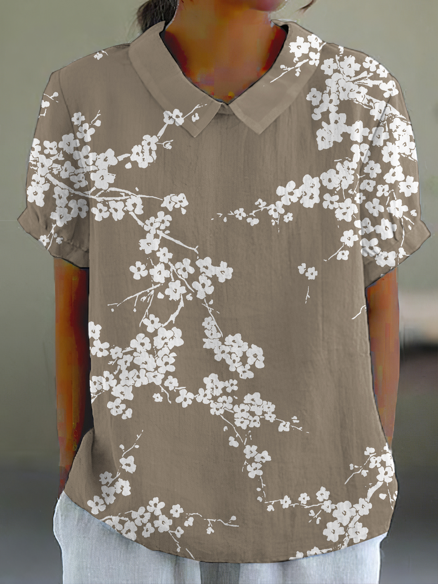 Cherry Blossom Japanese Print Casual Cotton Linen Shirt