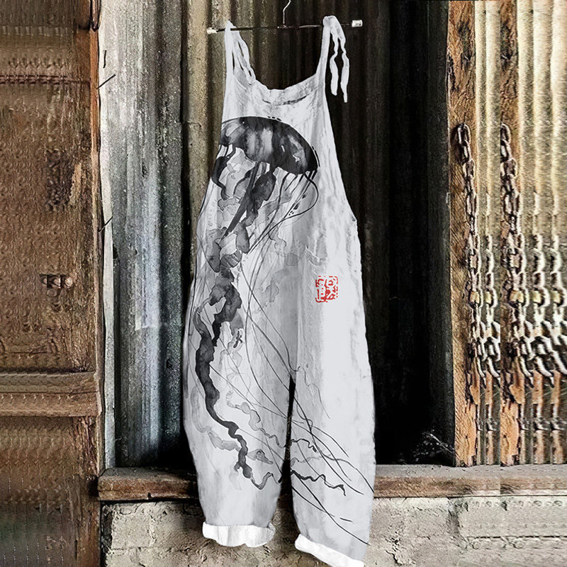 Japanese Art Jellyfish Print Casual Linen Blend Jumpsuit
