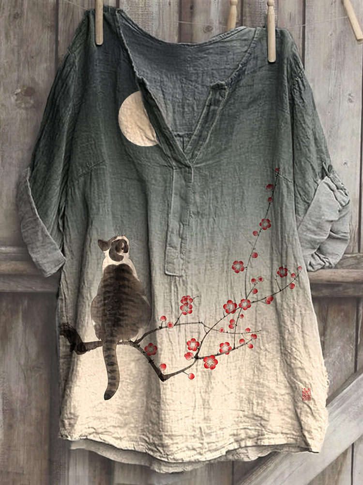 Cat & Plum Blossom Print Cozy Cotton Linen Shirt