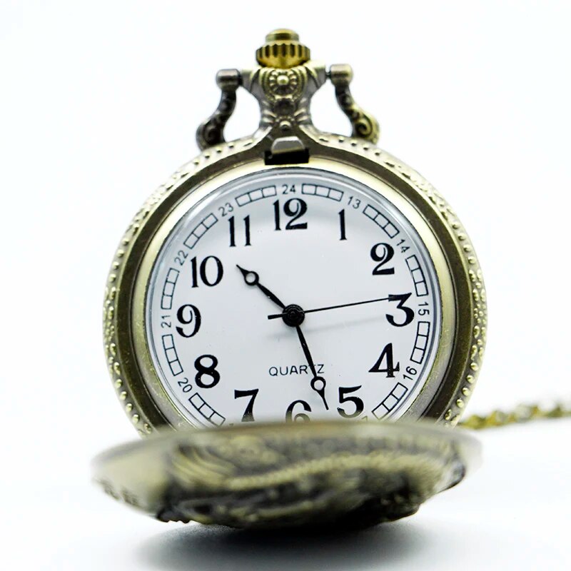 Vintage Bronze Chinese Style Dragon Design Quartz Pocket Watch With Necklace Chain Best Gift CF1039