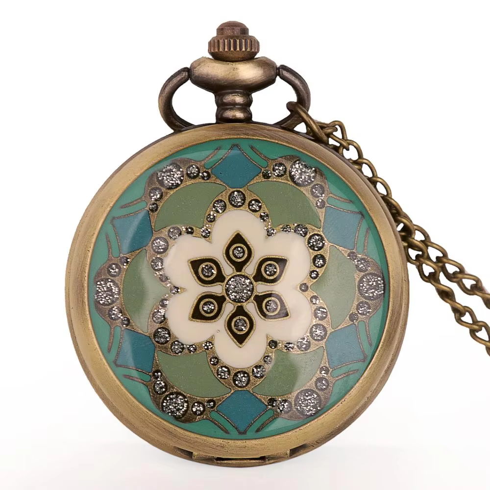 Bronze Pocket Watch Flower Display Men Women Quartz Fob Watches Ladies Best Gifts With Chain