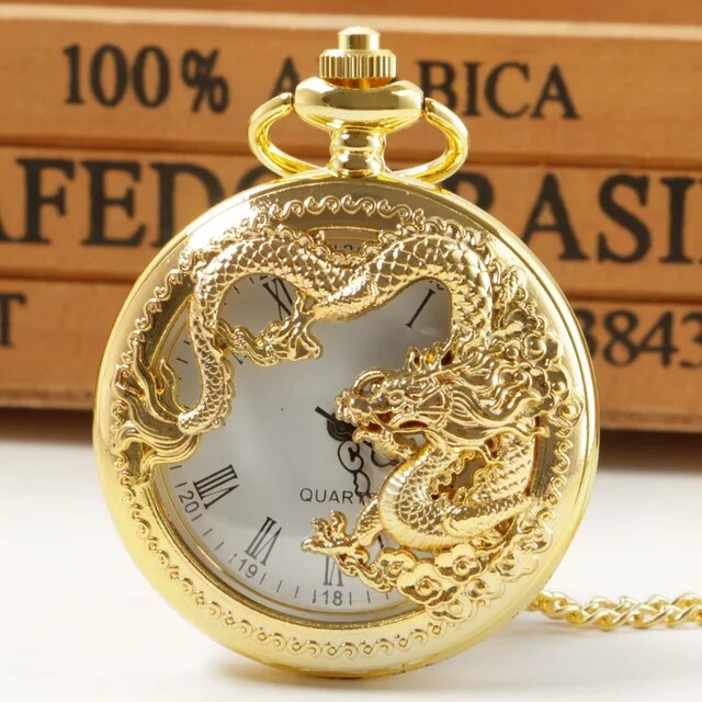 Retro Chinese Style Double Dragons Playing with Beads Quartz Pocket Watch With Chain Necklace Pendant Fob Watches