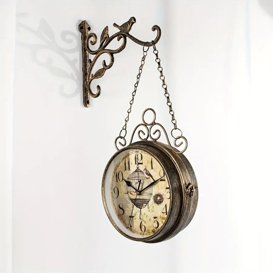 Double Sided Wall Clock Iron Art Clock Living Room Retro Clock Metal Round Battery Powered Silent Clock, Photo Props