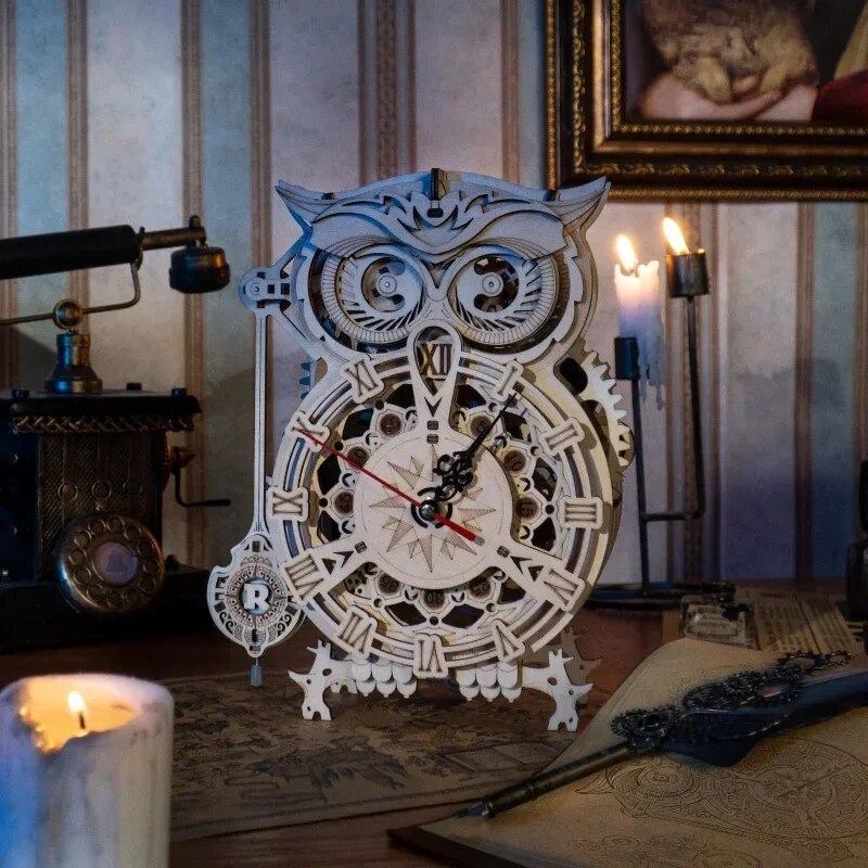 HAND-MADE DIY Wall Clock 18K GOLD Building Block Model Pendulum Clock Handmade Creative Toy Puzzle Watch Childrens Gift 3D Owl Table Clocks