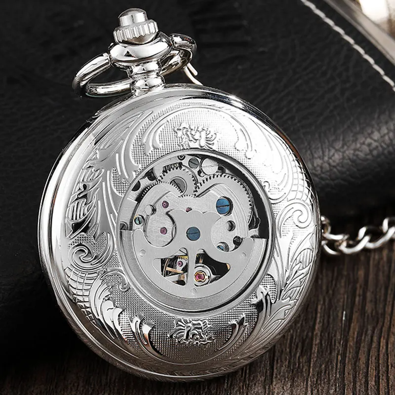 Antique Full Silver Stainless Steel Pocket Watch Mechanical Men Steampunk Vintage Hand-wind Engraved Fob Pendant Clock Women