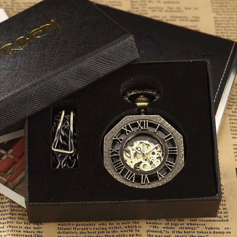 Hexagonal Mechanical Pocket Watch Golden Sliver Bronze Hollow Fob Chain With Box Men Women Lady Watches Mens Vintage Gifts