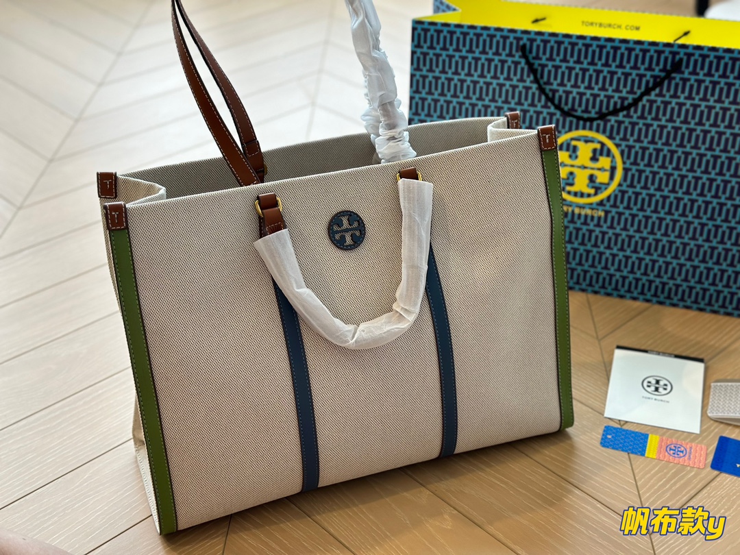TORY BURCH-COLORBLOCK CANVAS TOTE BAG