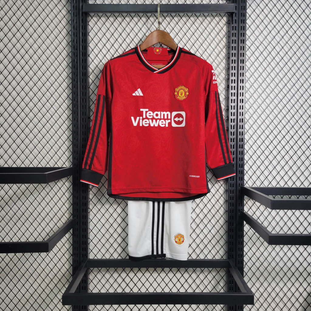 Manchester United 23-24 Home Stadium Long Sleeve Kids Kit - SOCCERDEALSHOP
