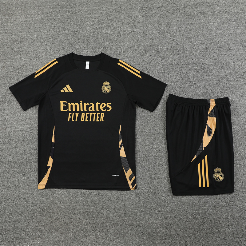 Real Madrid 24-25 Short-Sleeve Training Kids Kit - Black Gold - SOCCERDEALSHOP
