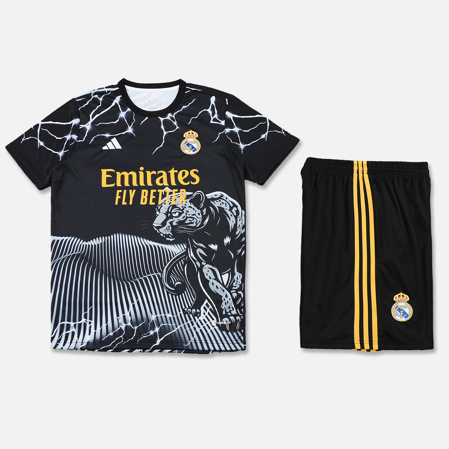 Real Madrid 24-25 Short-Sleeve Training Set - White Leopard Top & Black Shorts - SOCCERDEALSHOP
