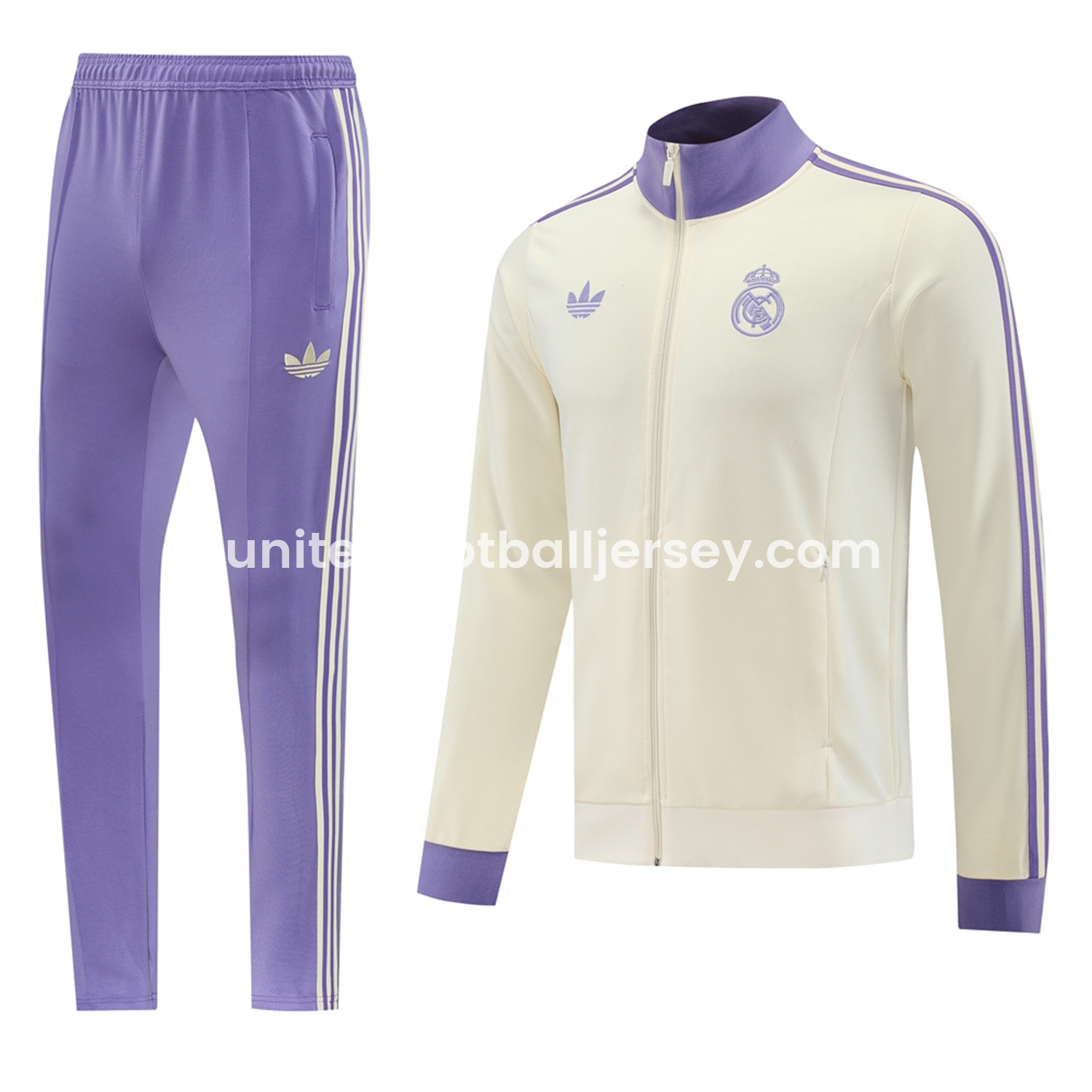 Real Madrid 24-25 Throwback Jacket Training Tracksuit - Off-white Jackets & Purple Pants - SOCCERDEALSHOP