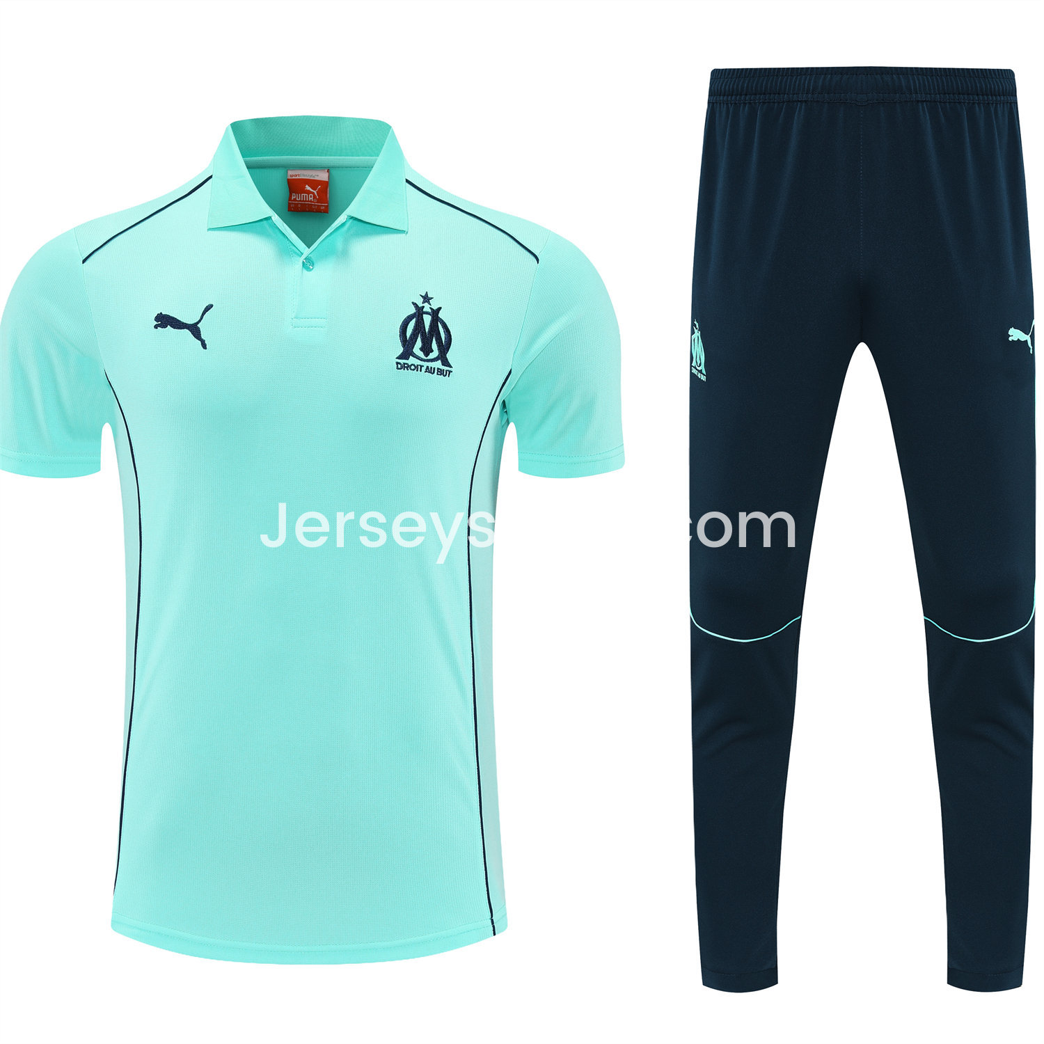 Marseille 25-26 POLO Short-Sleeve Training Set - Cyan Top and Deep Blue Pants - SOCCERDEALSHOP