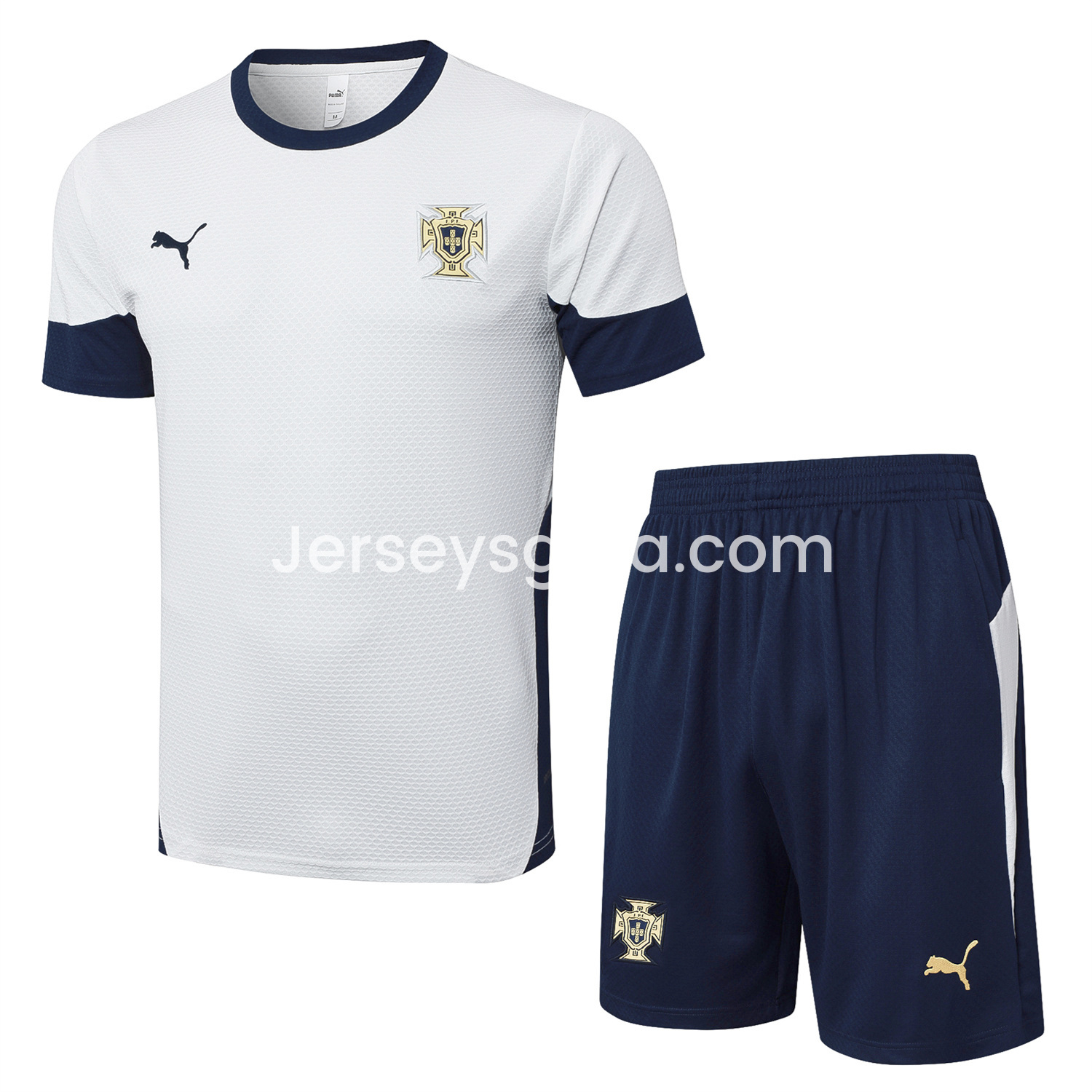Portugal 25-26 Short-Sleeve Training Set - Off White Top and Deep Blue Shorts - SOCCERDEALSHOP