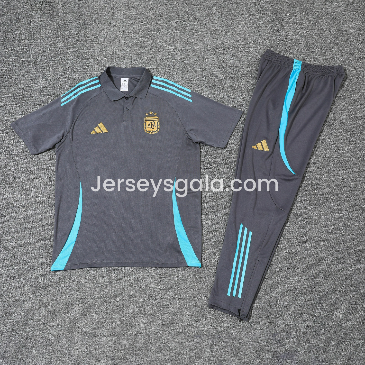 Argentina 25-26 POLO Short-Sleeve Training Set - Grey Top and Pants with Blue Stripes - SOCCERDEALSHOP