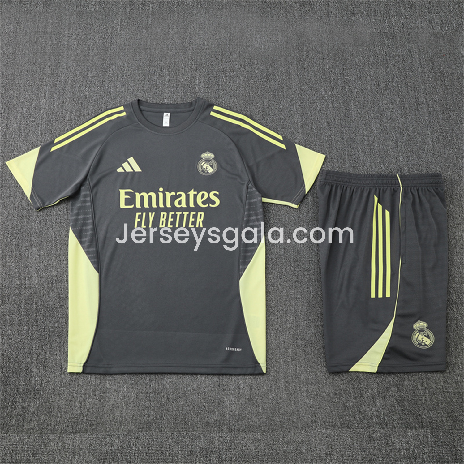 Real Madrid 25-26 Kids Short-Sleeve Training Set - Deep Grey Top and Shorts - SOCCERDEALSHOP