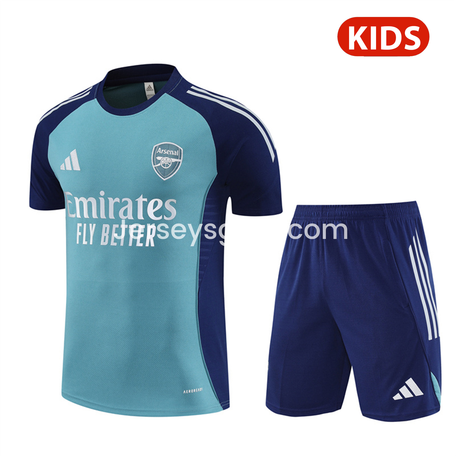 Arsenal 25-26 Kids Short-Sleeve Training Set - Green Top and Deep Blue Shorts - SOCCERDEALSHOP