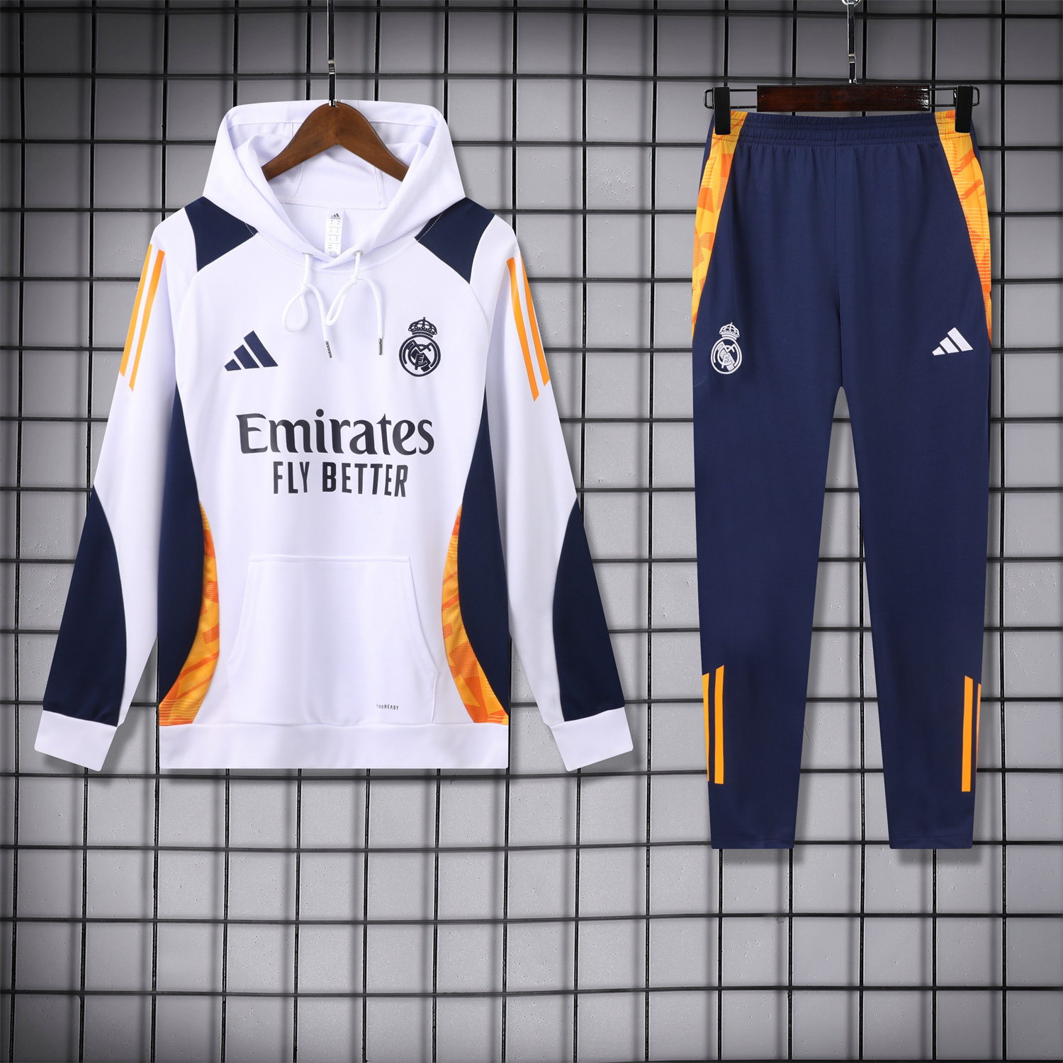 Real Madrid 24-25 Training Hoodie Set - White Hoodie and Deep Blue Pants - SOCCERDEALSHOP