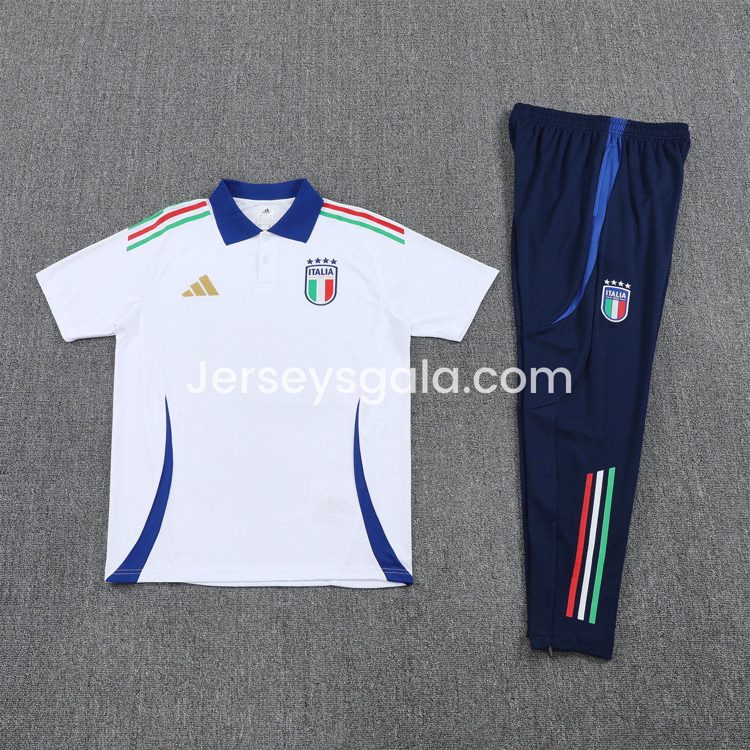Italy 25-26 POLO Short-Sleeve Training Set - White Top and Deep Blue Pants - SOCCERDEALSHOP