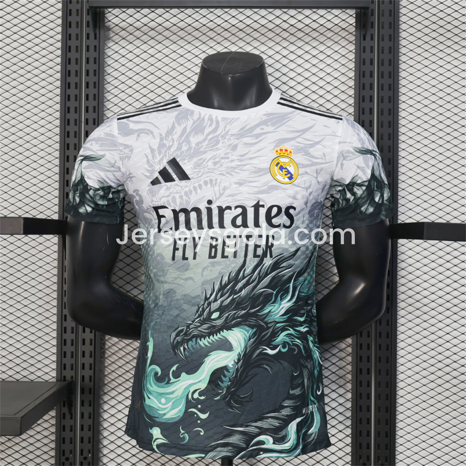 Real Madrid 25-26 Black Green Dragon Soars White Jersey - Player Version - SOCCERDEALSHOP