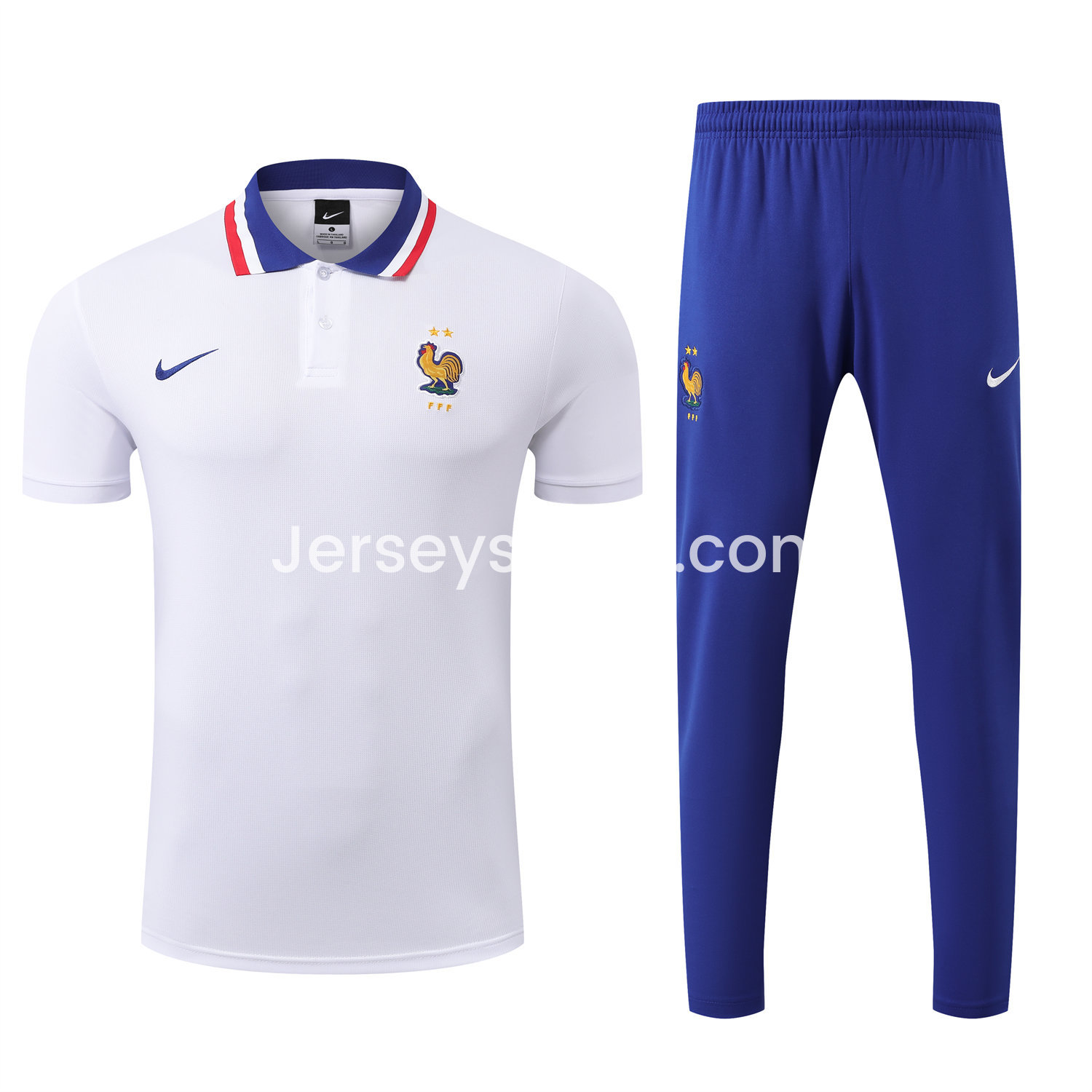 France 25-26 POLO Short-Sleeve Training Set - White Top and Blue Pants - SOCCERDEALSHOP