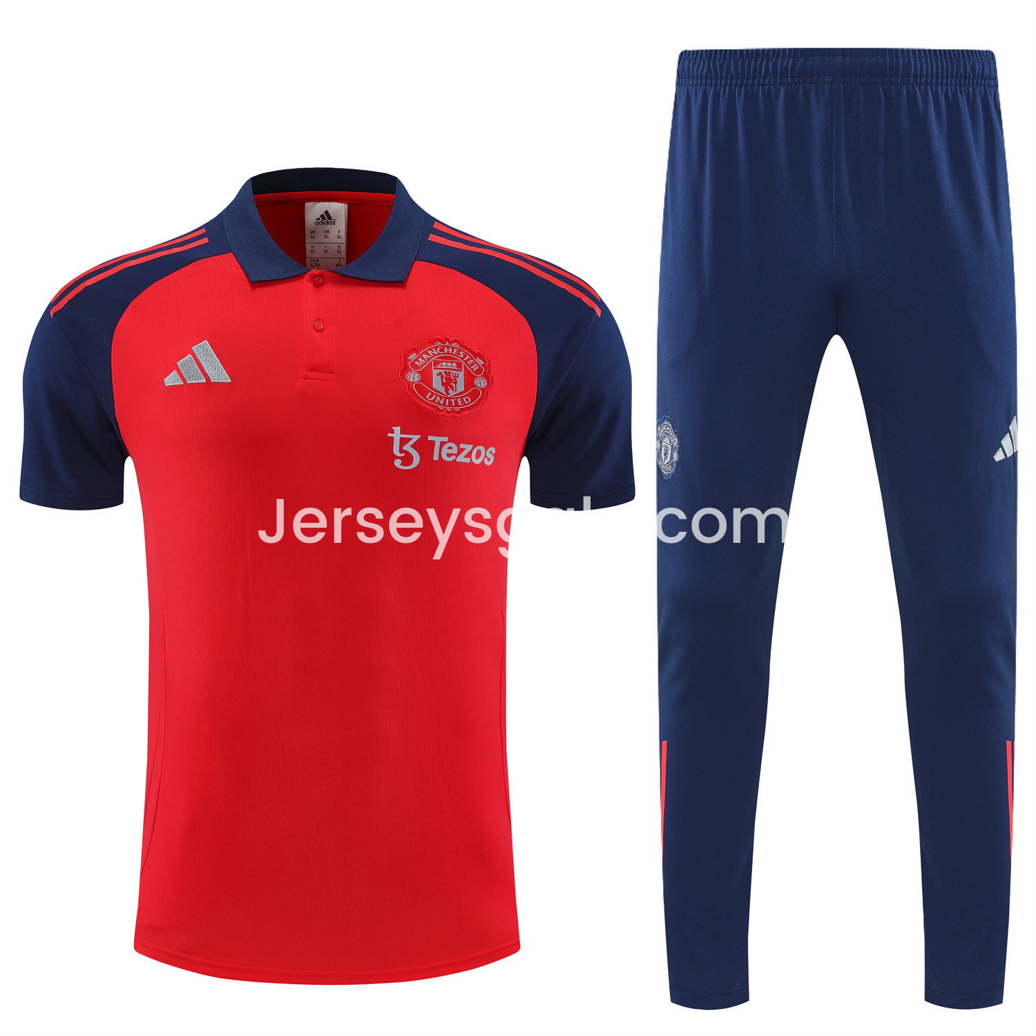 Manchester United 25-26 POLO Short-Sleeve Training Set - Red Top and Deep Blue Pants - SOCCERDEALSHOP