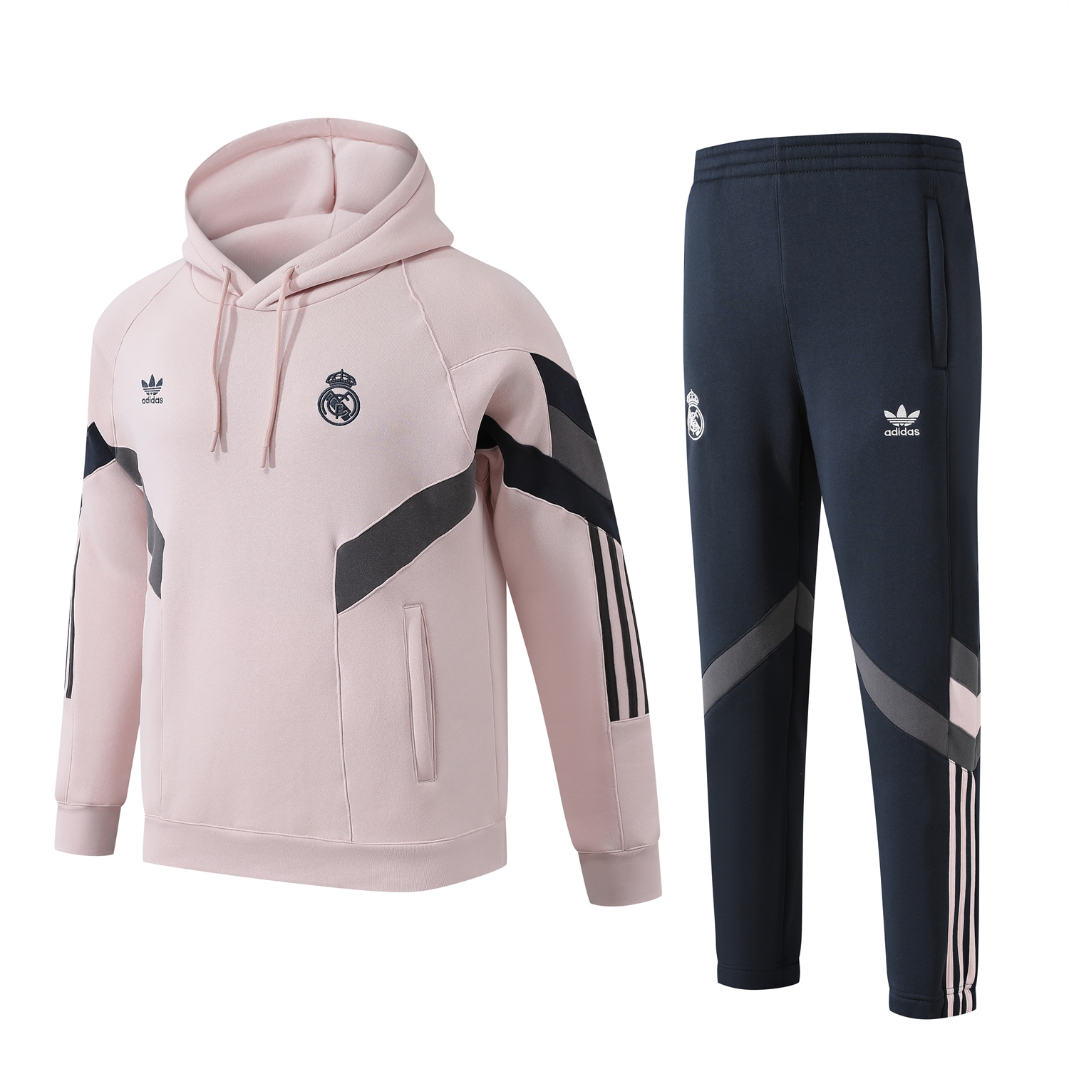 Real Madrid 24-25 Fleece-Lined Training Hoodie Set - Light Pink Hoodie and Deep Grey Pants - SOCCERDEALSHOP