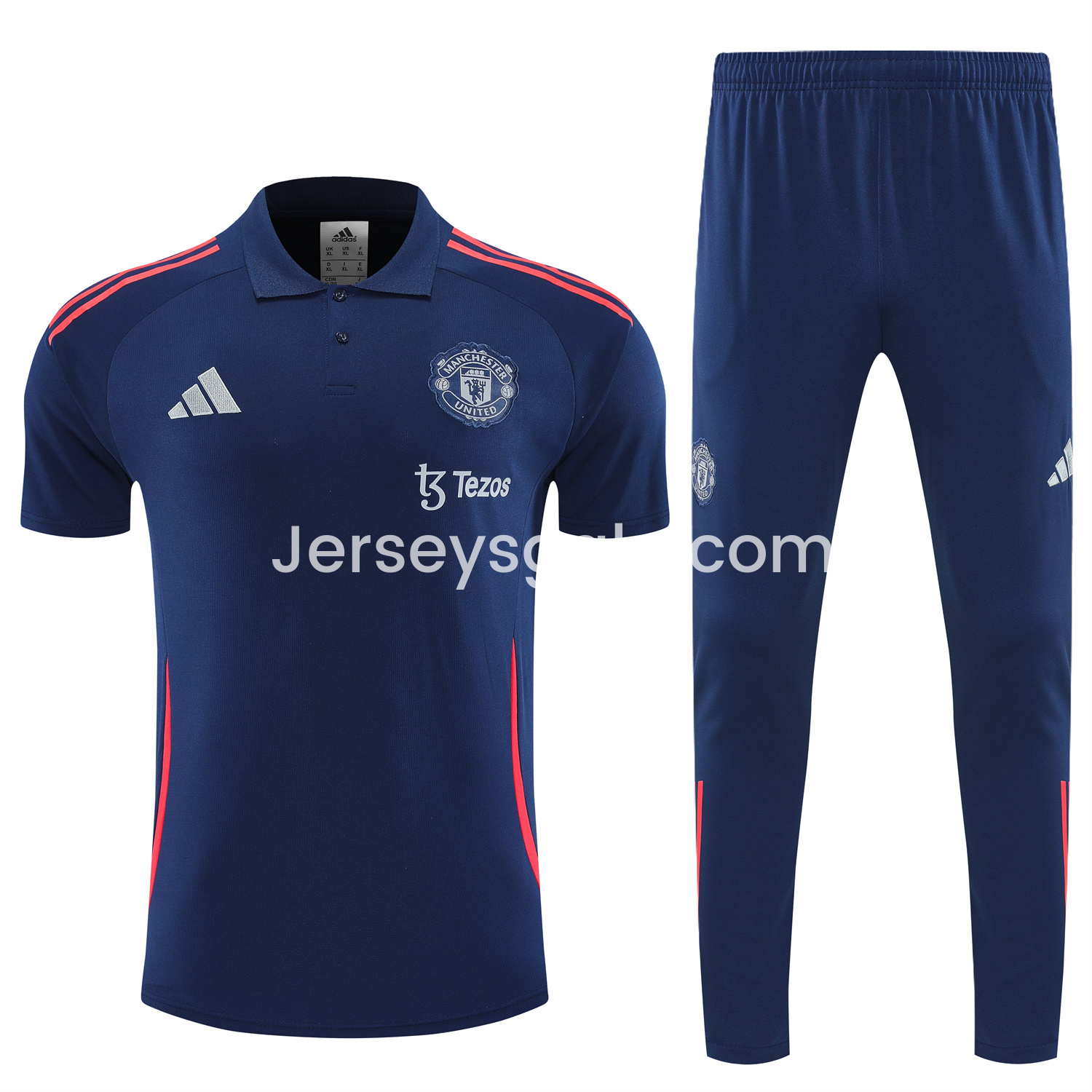 Manchester United 25-26 POLO Short-Sleeve Training Set - Deep Blue Top and Pants with Red Stripes - SOCCERDEALSHOP