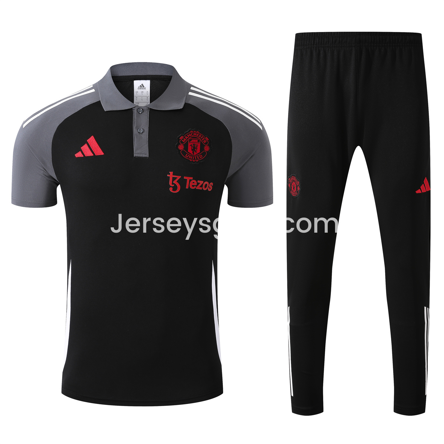 Manchester United 25-26 POLO Short-Sleeve Training Set - Black Top and Pants with White Stripes - SOCCERDEALSHOP