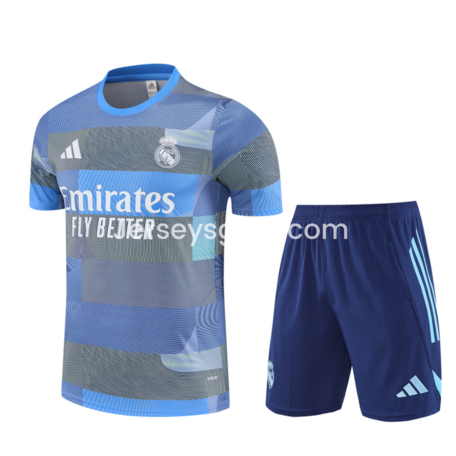 Real Madrid 25-26 Pre-Match Short-Sleeve Training Set - Blue-Gray Camouflage Top and Blue Shorts - SOCCERDEALSHOP