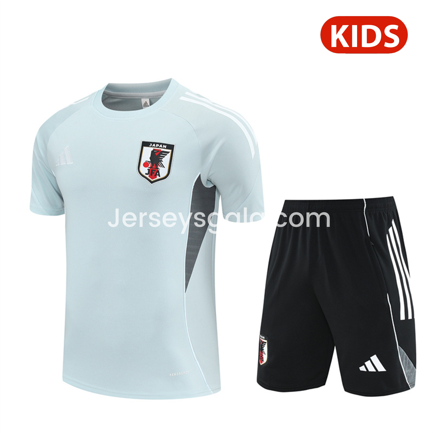 Japan 25-26 Kids Short-Sleeve Training Set - Light Blue Top and Black Shorts - SOCCERDEALSHOP