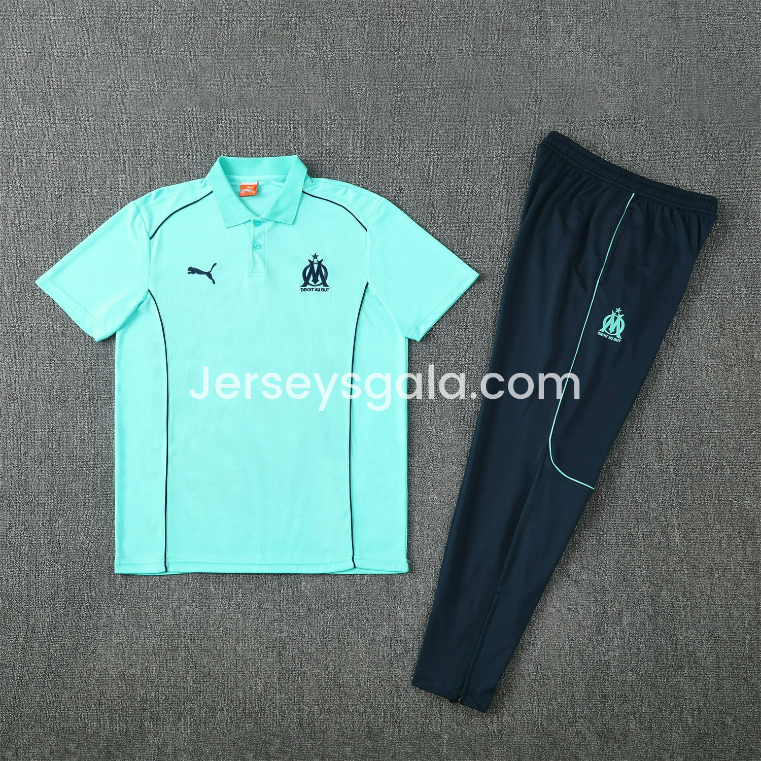 Marseille 25-26 POLO Short-Sleeve Training Set - Cyan Top and Deep Blue Pants - SOCCERDEALSHOP