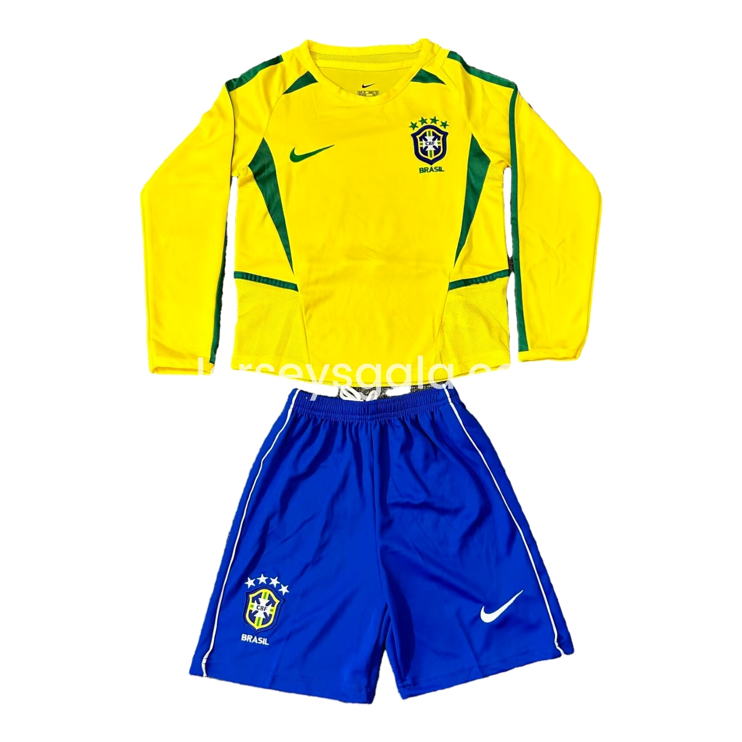 Retro Brazil 2002 Home Long Sleeves Kids Kit - SOCCERDEALSHOP