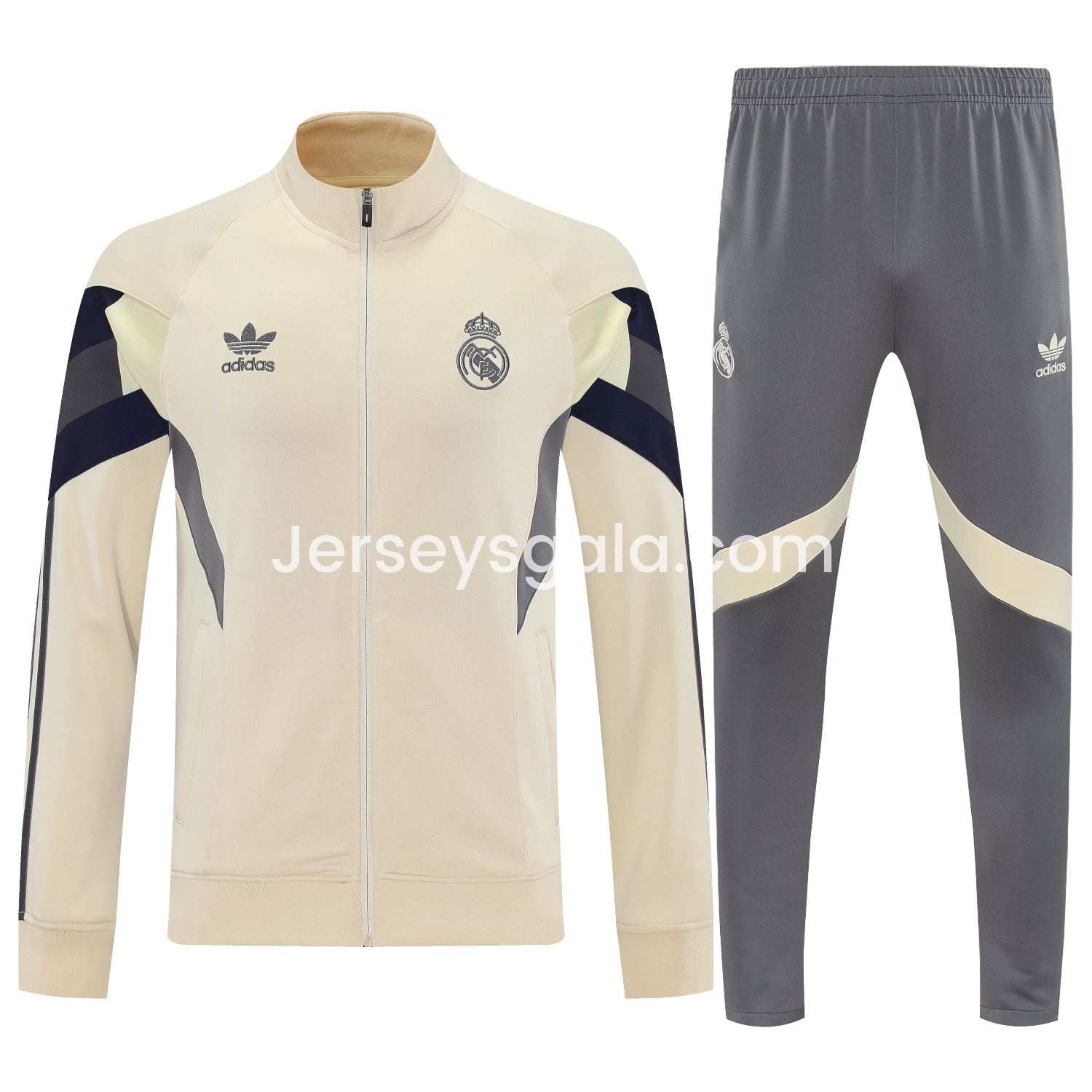Real Madrid 25-26 Throwback Jacket Training Tracksuit - Off-white Jackets & Grey Pants - SOCCERDEALSHOP