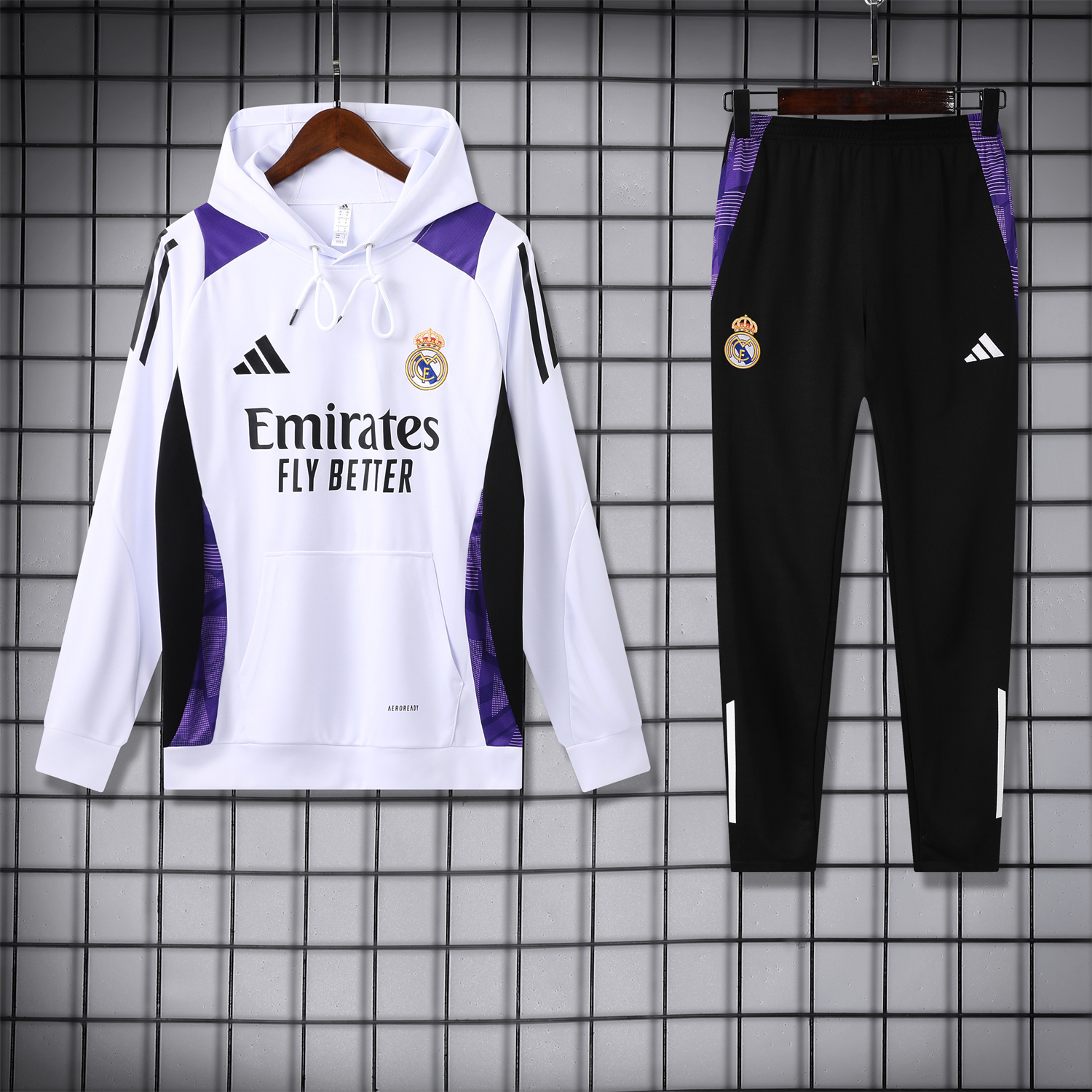 Real Madrid 24-25 Training Hoodie Set - White Hoodie and Black Pants - SOCCERDEALSHOP