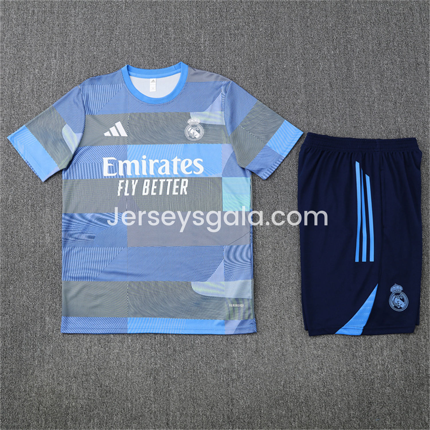 Real Madrid 25-26 Pre-Match Short-Sleeve Training Set - Blue-Gray Camouflage Top and Blue Shorts - SOCCERDEALSHOP