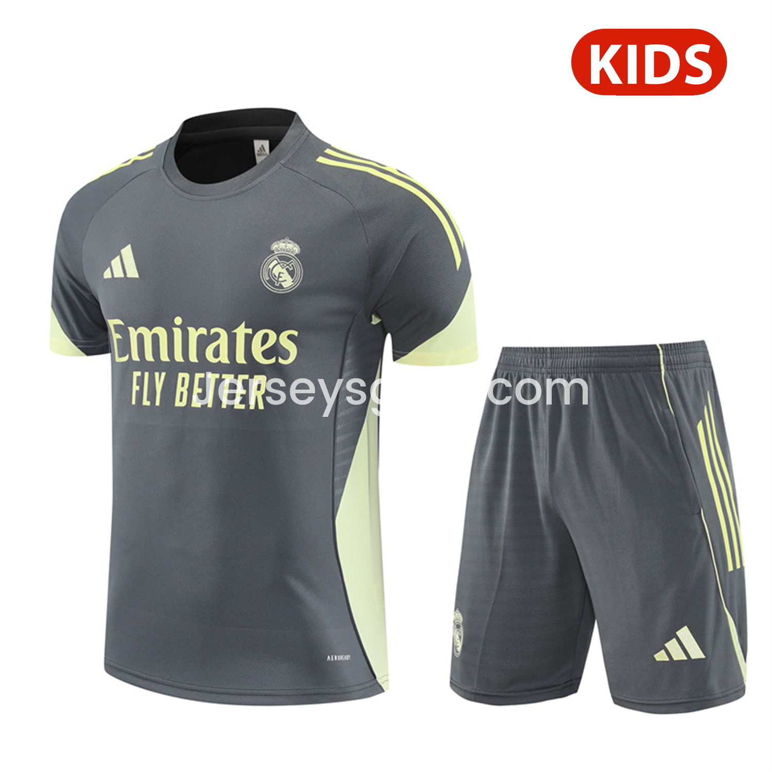Real Madrid 25-26 Kids Short-Sleeve Training Set - Deep Grey Top and Shorts - SOCCERDEALSHOP