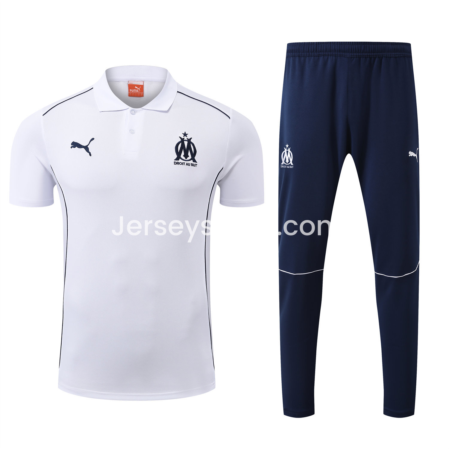 Marseille 25-26 POLO Short-Sleeve Training Set - White Top and Deep Blue Pants - SOCCERDEALSHOP