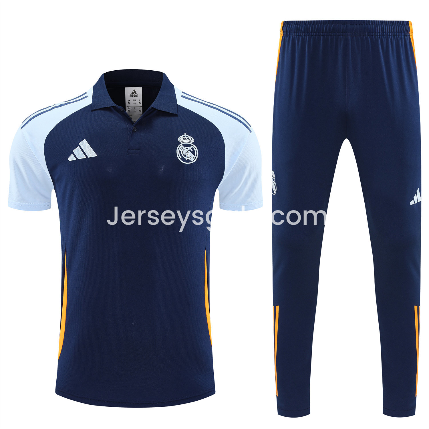 Real Madrid 25-26 POLO Short-Sleeve Training Set - Deep Blue Top and Pants with Yellow Stripes - SOCCERDEALSHOP