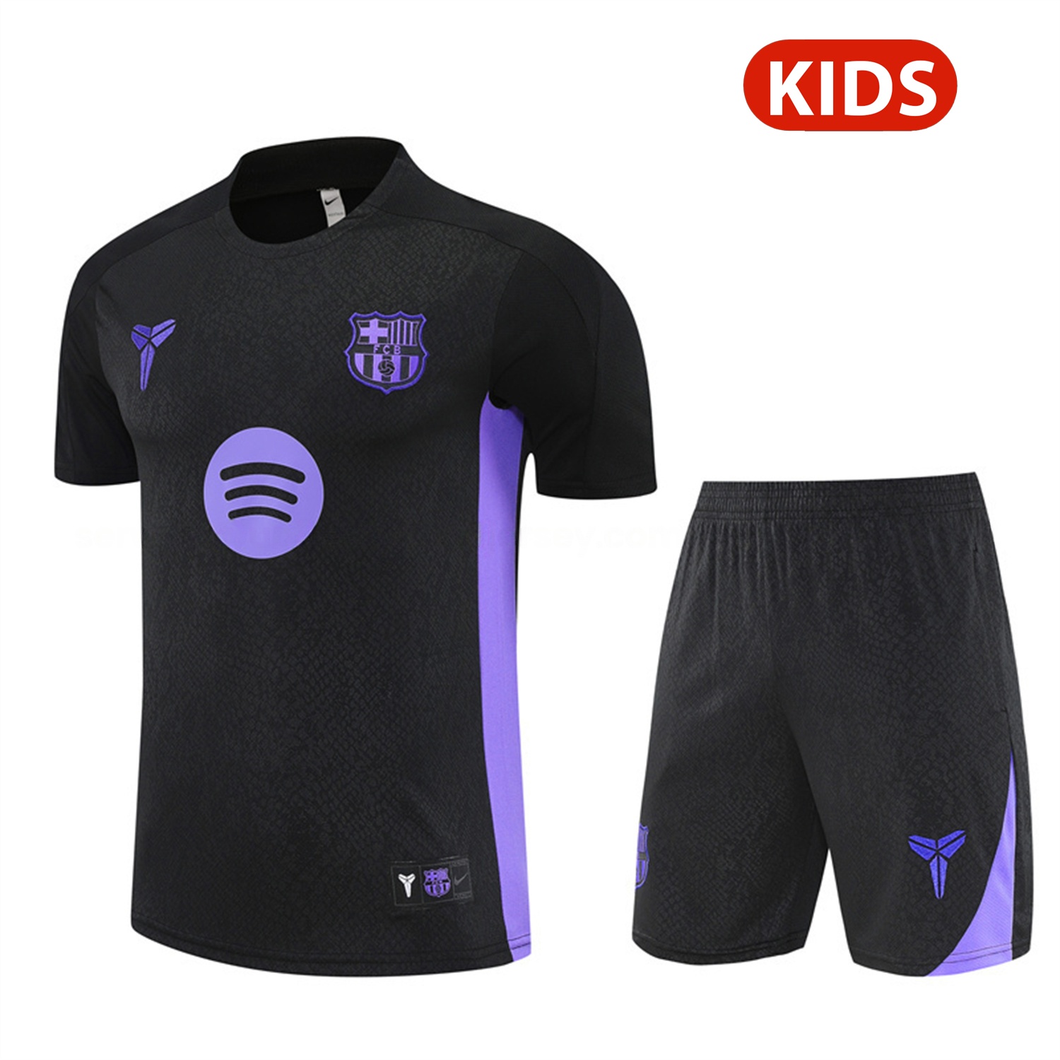 Barcelona 25-26 X KB Kids Short-Sleeve Training Set - Black Blue Top & Black Shorts - SOCCERDEALSHOP