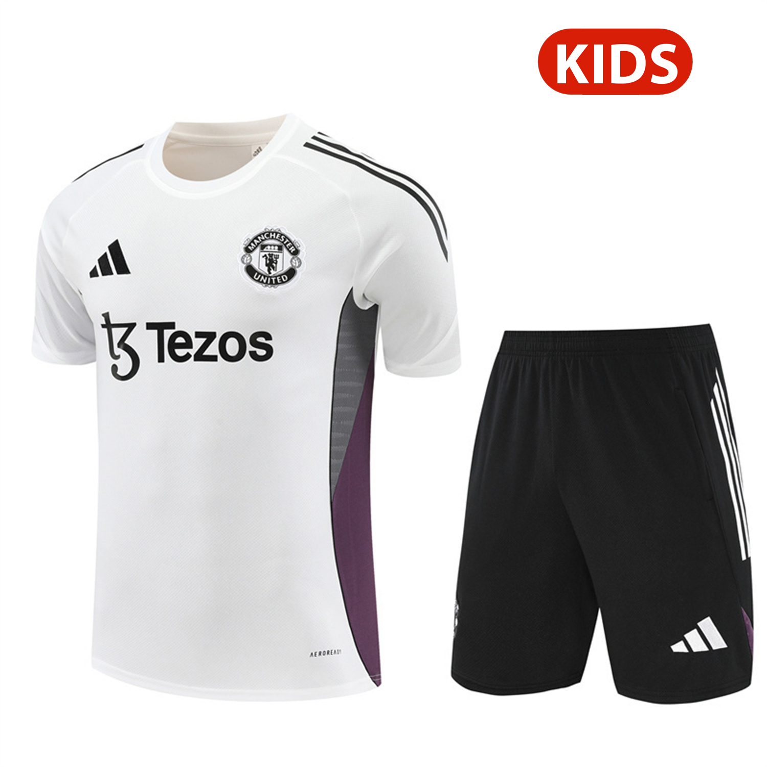 Manchester United 25-26 Kids Short-Sleeve Training Set - White Purple Top & Black Shorts - SOCCERDEALSHOP